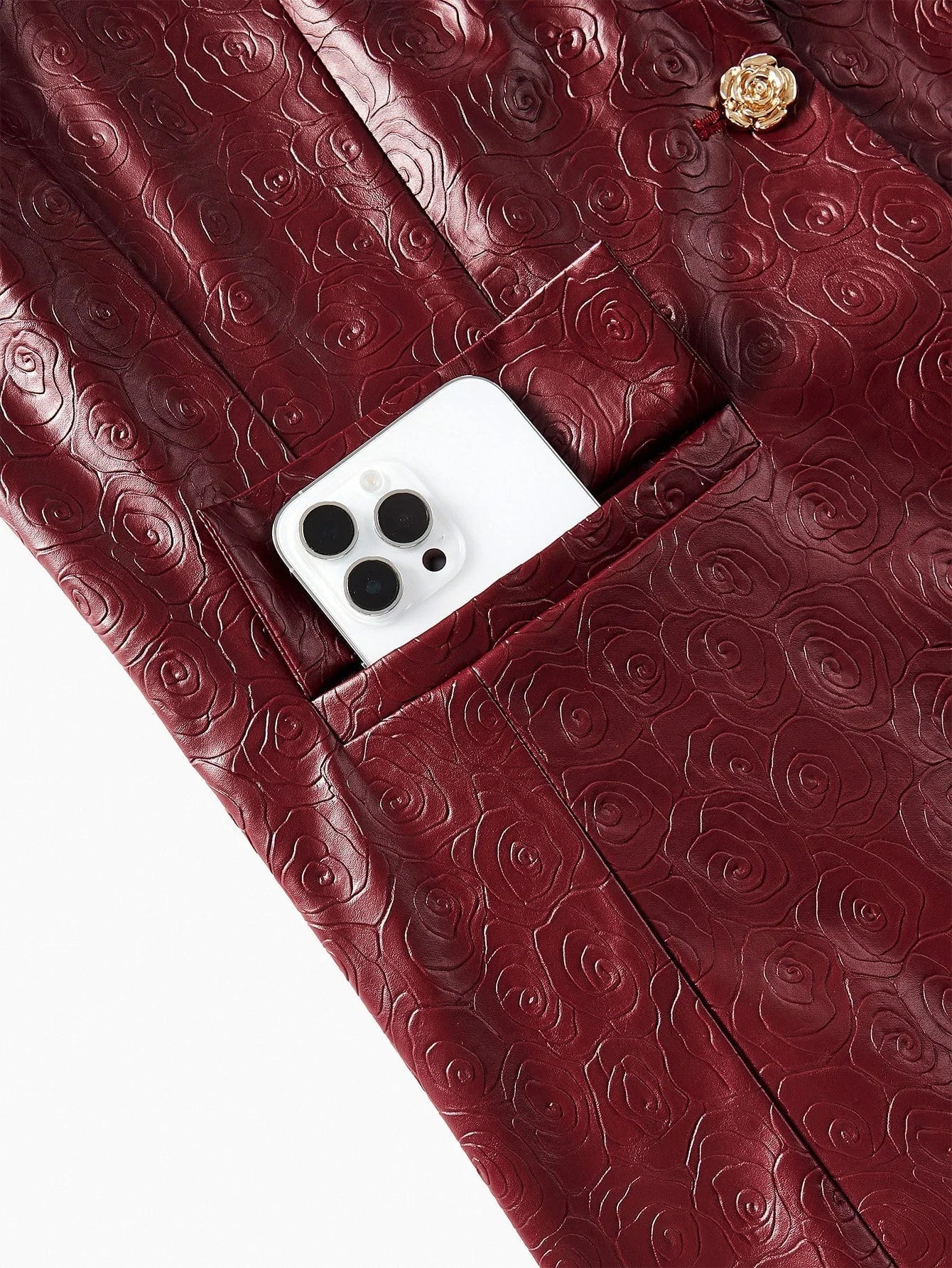 PREMIUM GOLD ROSE BROOCH PU LEATHER BLAZER