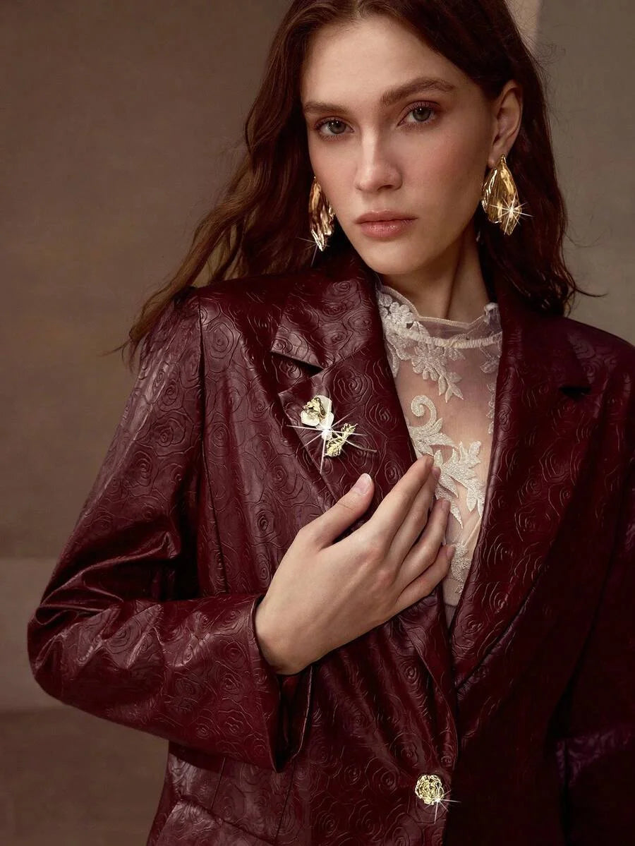 PREMIUM GOLD ROSE BROOCH PU LEATHER BLAZER
