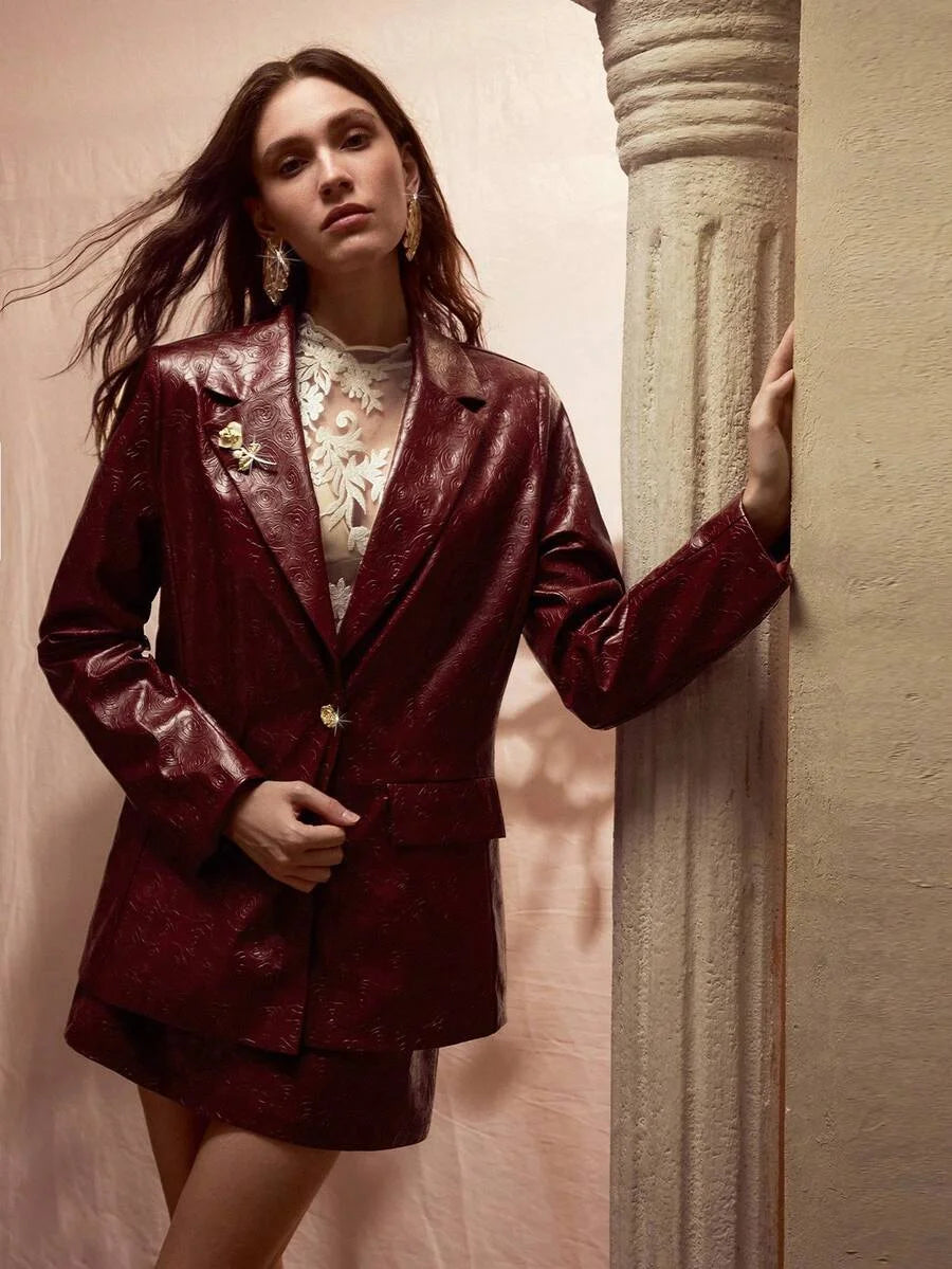 PREMIUM GOLD ROSE BROOCH PU LEATHER BLAZER