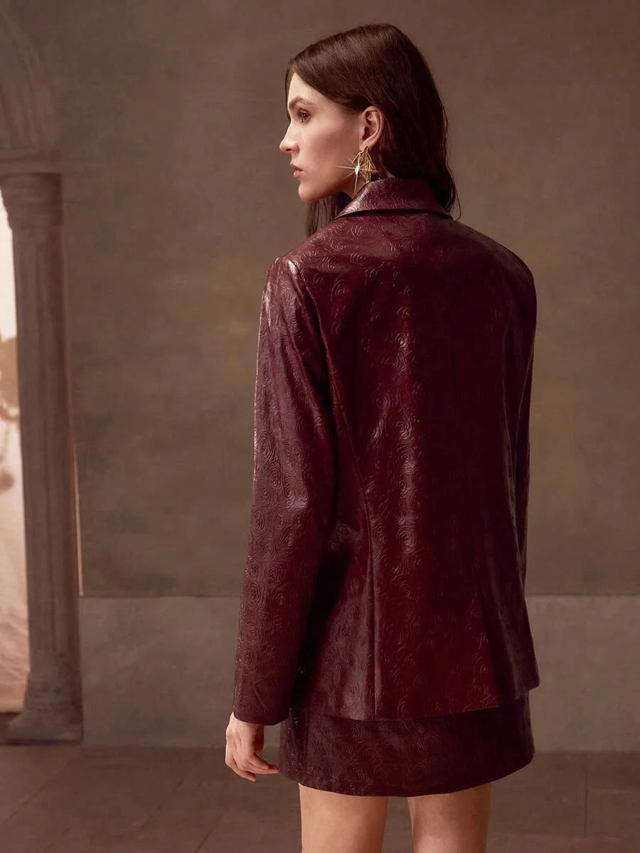 PREMIUM GOLD ROSE BROOCH PU LEATHER BLAZER