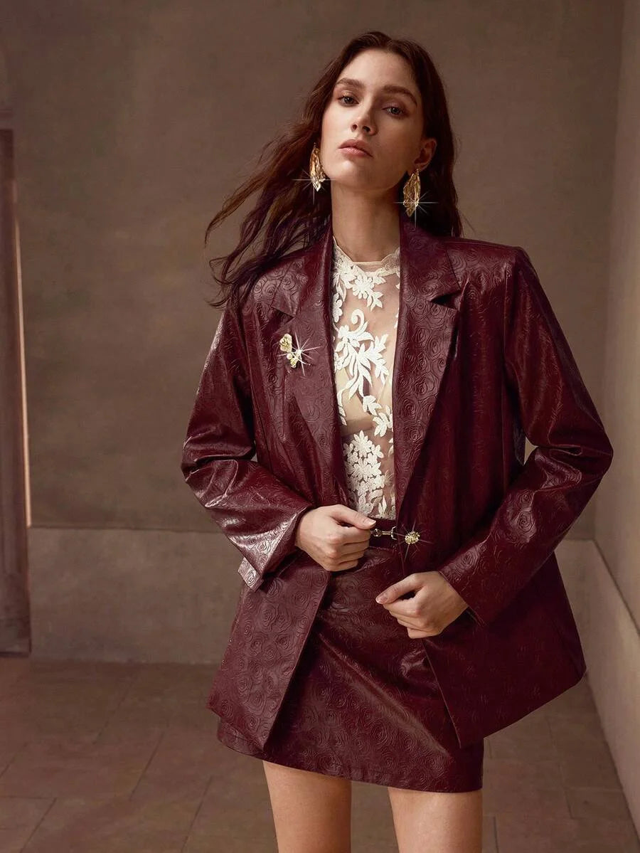 PREMIUM GOLD ROSE BROOCH PU LEATHER BLAZER