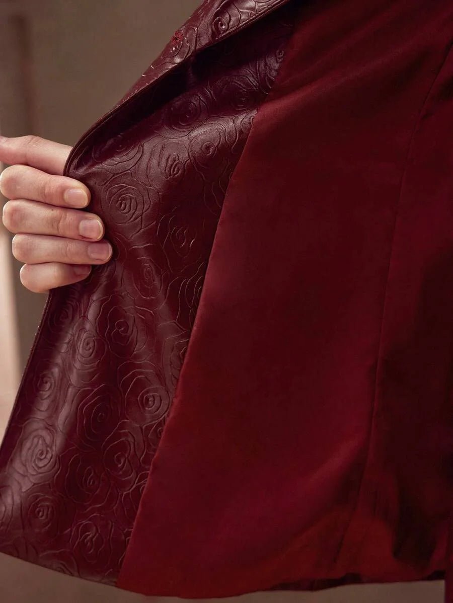 PREMIUM GOLD ROSE BROOCH PU LEATHER BLAZER