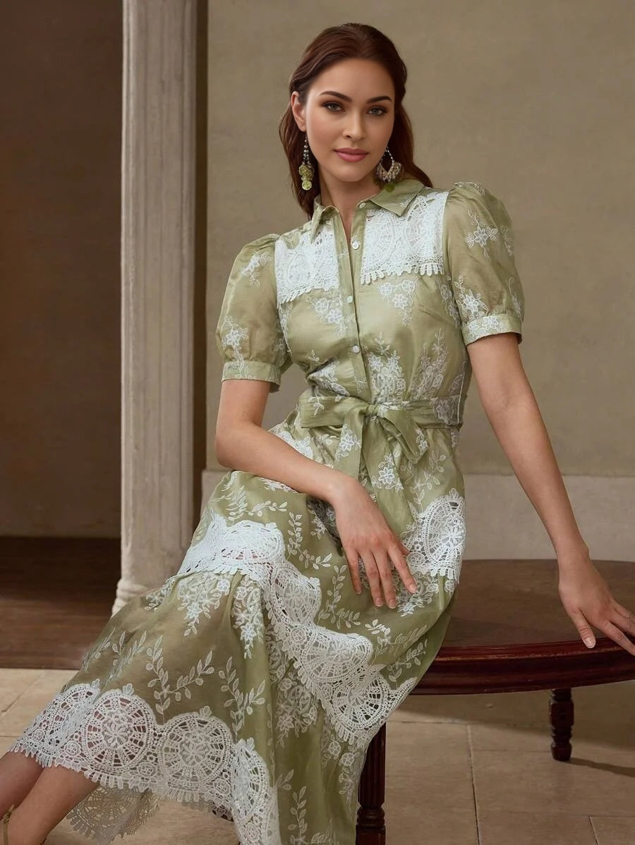 PREMIUM GREEN COLOR BLOCK HOLLOW OUT EMBROIDERED LACE PATCHWORK ELEGANT CASUAL VACATION EVERYDAY