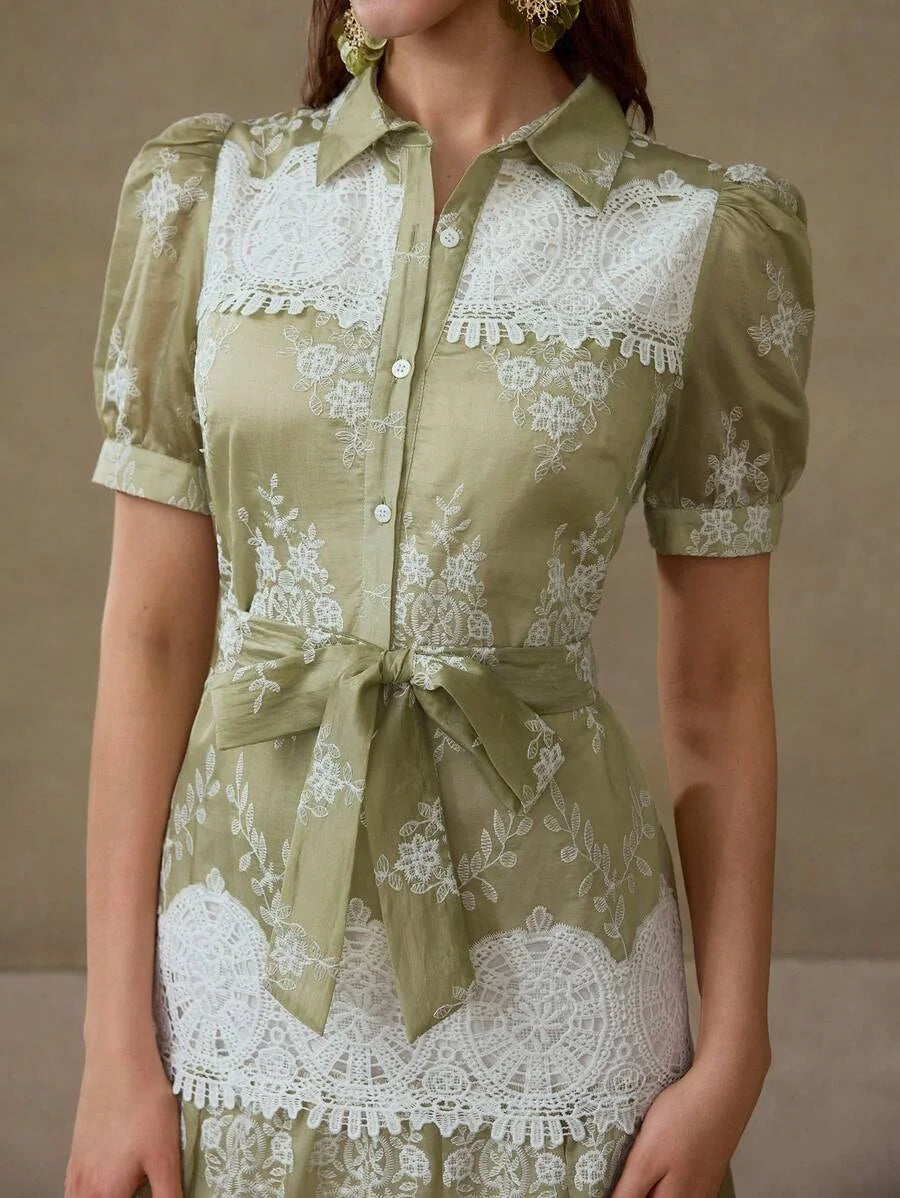 PREMIUM GREEN COLOR BLOCK HOLLOW OUT EMBROIDERED LACE PATCHWORK ELEGANT CASUAL VACATION EVERYDAY