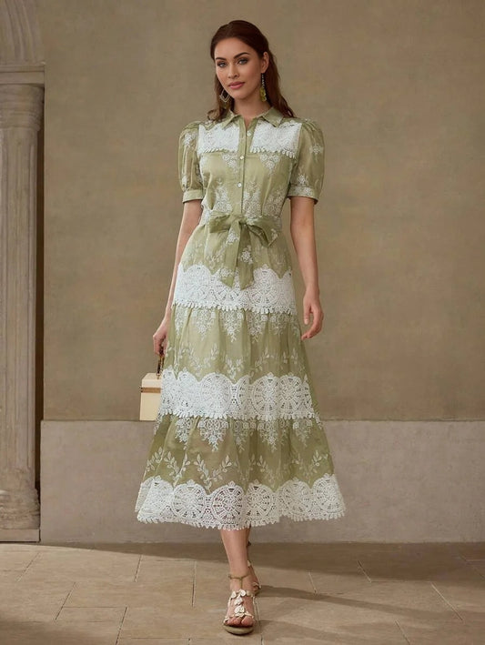 PREMIUM GREEN COLOR BLOCK HOLLOW OUT EMBROIDERED LACE PATCHWORK ELEGANT CASUAL VACATION EVERYDAY