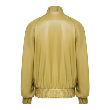 Jane wearing premium green zipper faux leather bomber jacket for women