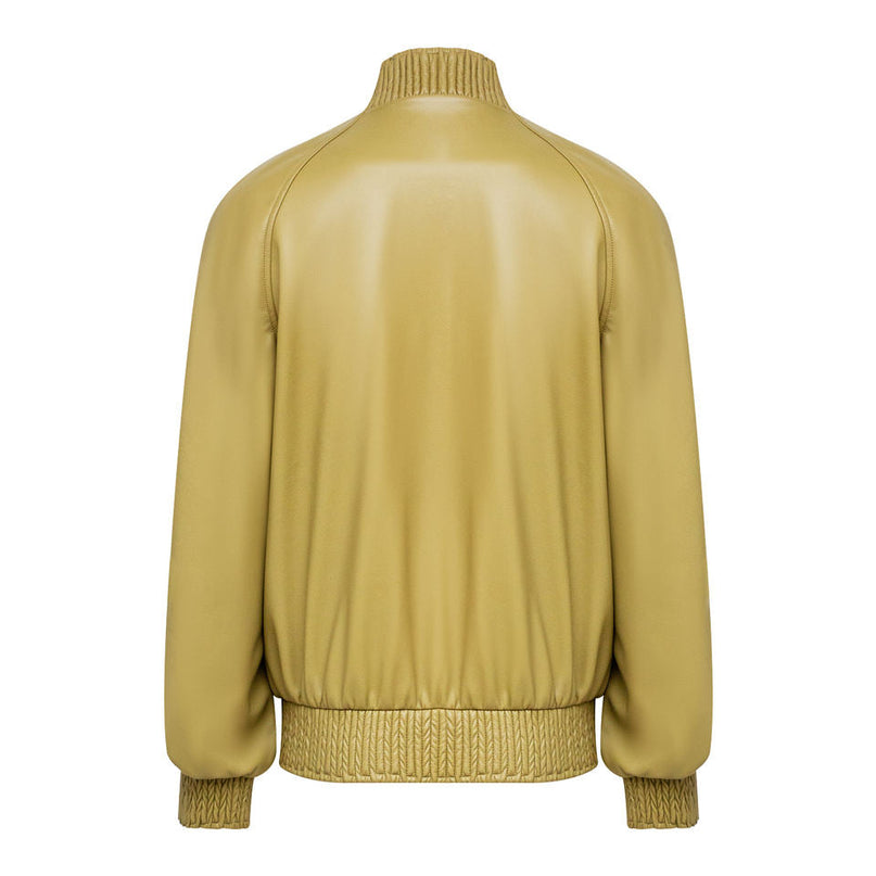 Jane wearing premium green zipper faux leather bomber jacket for women