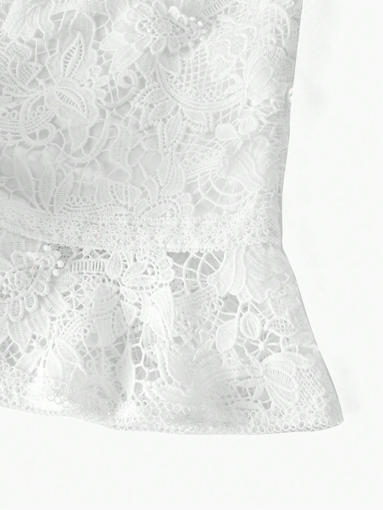 PREMIUM GUIOURE LACE OFF SHOULDER RUFFLE ROMPER