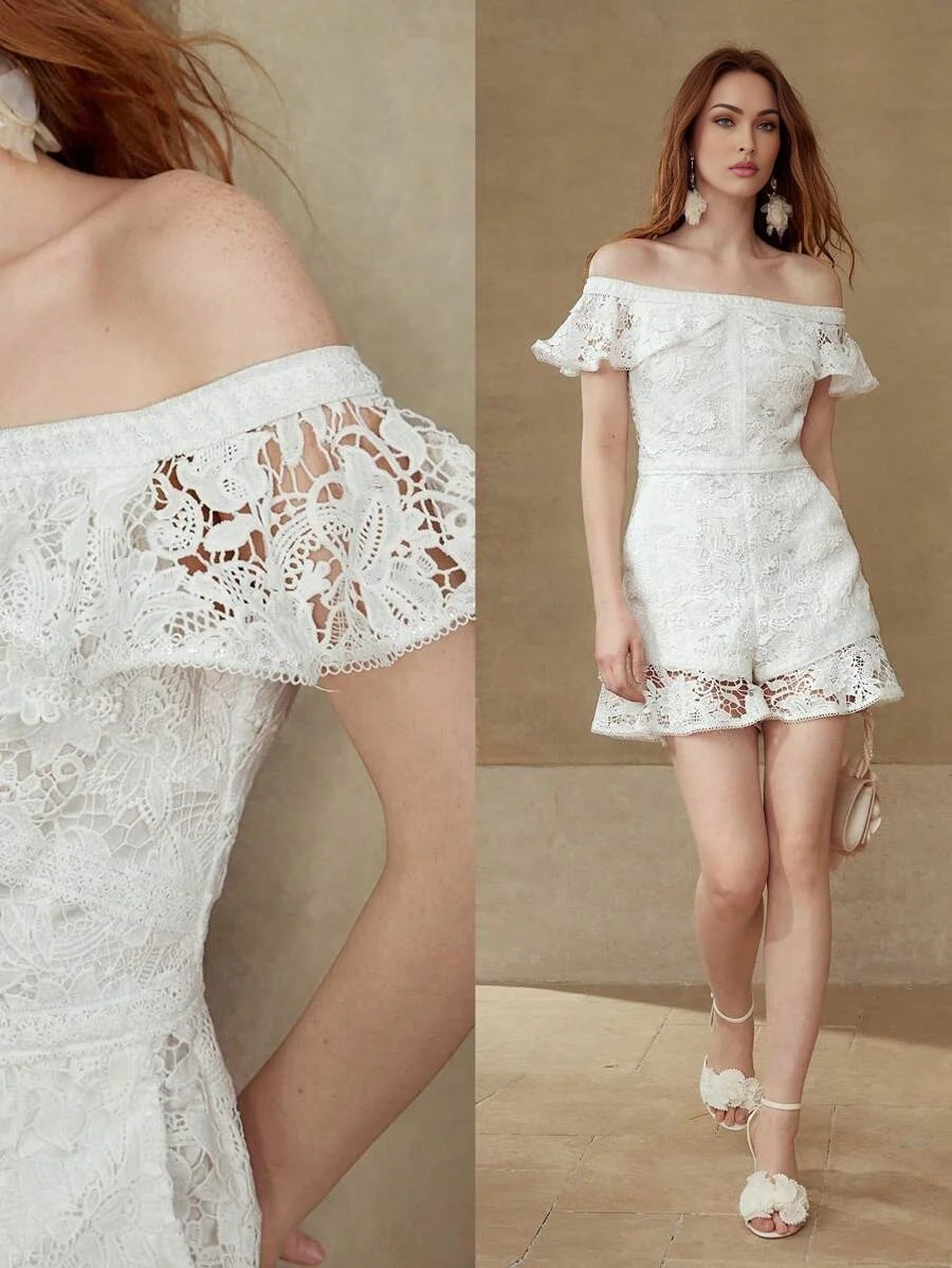 PREMIUM GUIOURE LACE OFF SHOULDER RUFFLE ROMPER