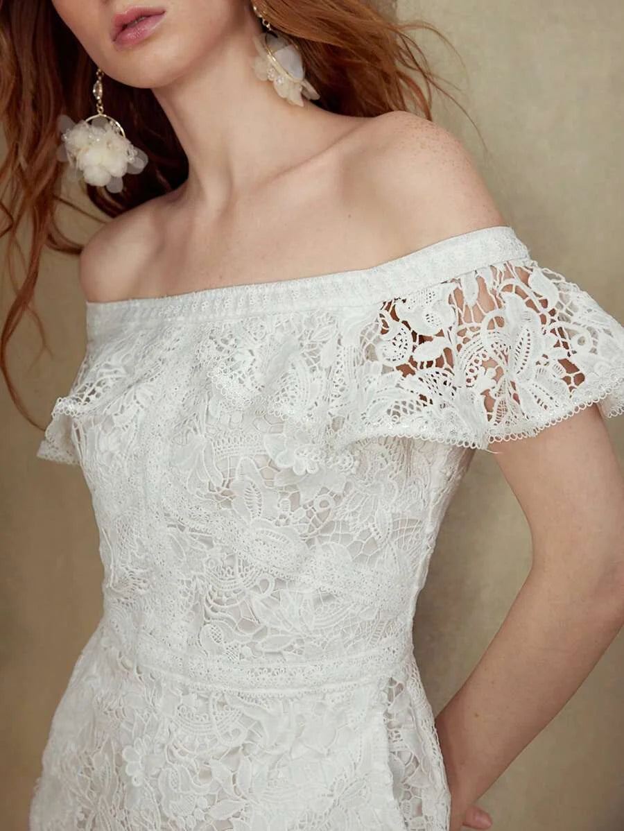 PREMIUM GUIOURE LACE OFF SHOULDER RUFFLE ROMPER