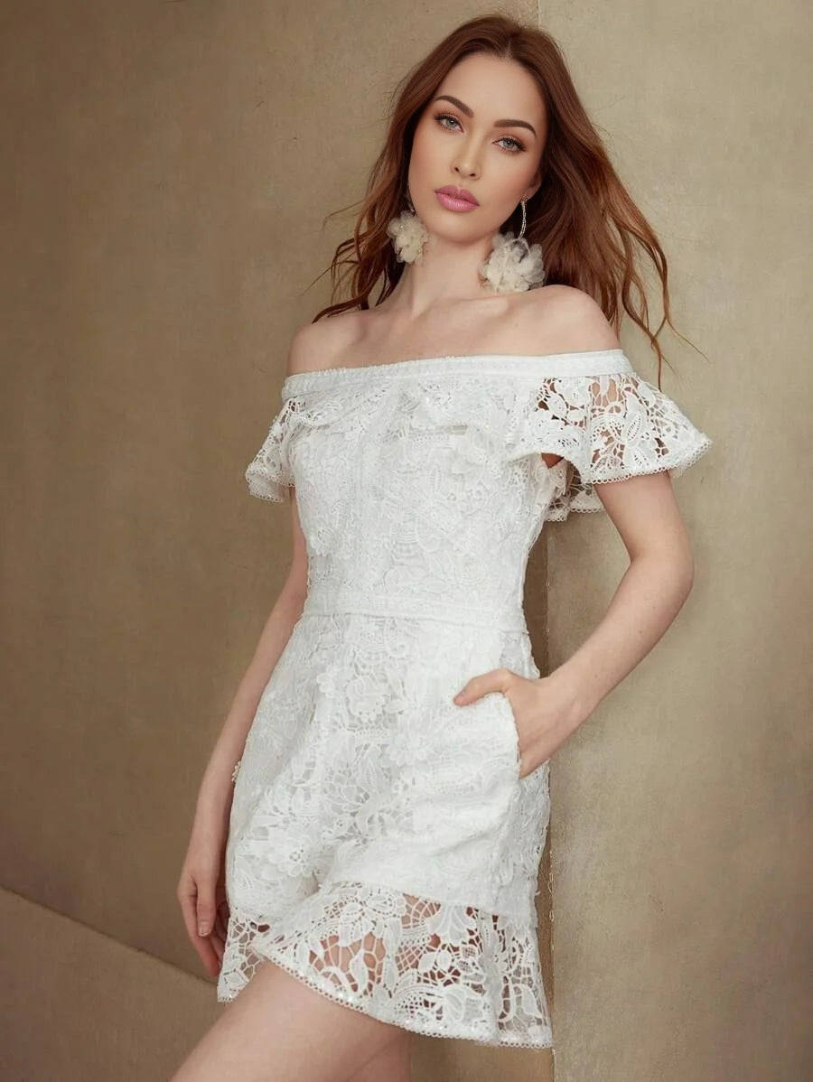 PREMIUM GUIOURE LACE OFF SHOULDER RUFFLE ROMPER