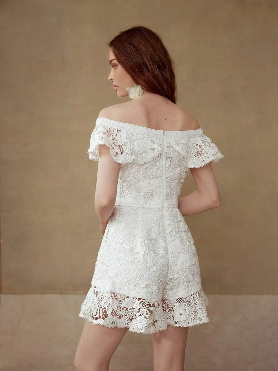 PREMIUM GUIOURE LACE OFF SHOULDER RUFFLE ROMPER