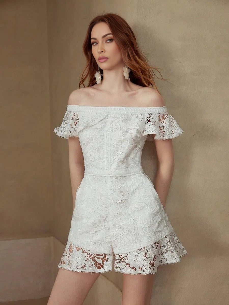 PREMIUM GUIOURE LACE OFF SHOULDER RUFFLE ROMPER
