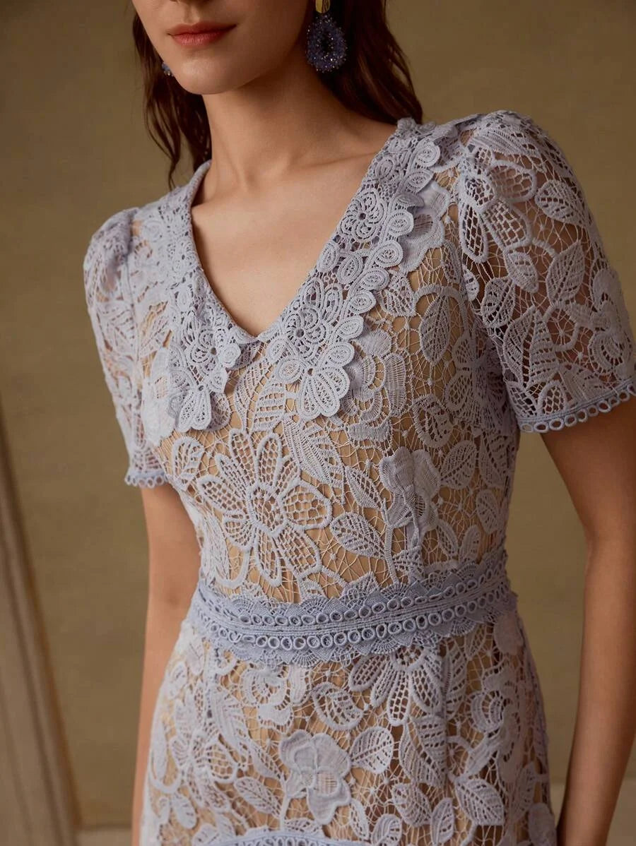 PREMIUM GUIPURE LACE ASYMMETRICAL HEM DRESS