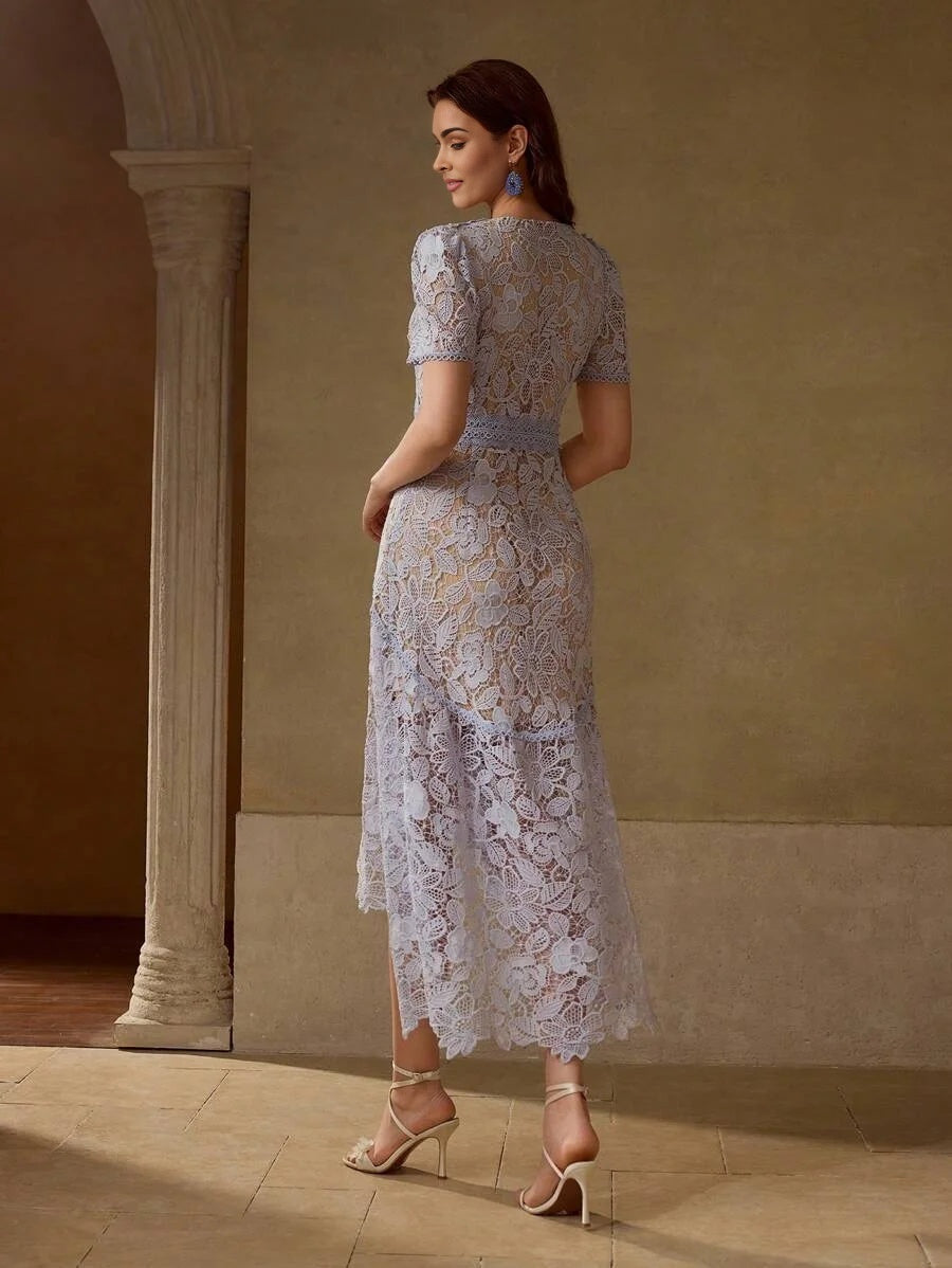 PREMIUM GUIPURE LACE ASYMMETRICAL HEM DRESS