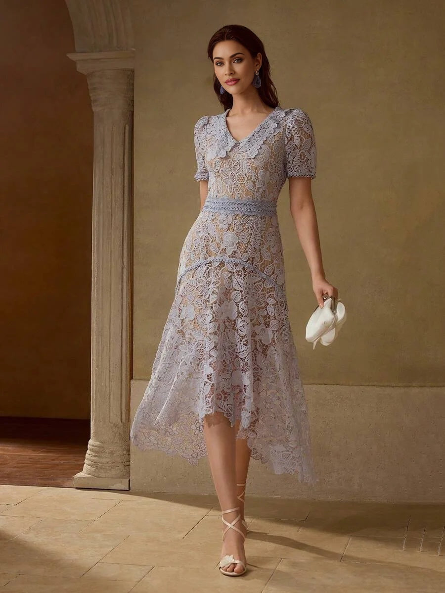 PREMIUM GUIPURE LACE ASYMMETRICAL HEM DRESS