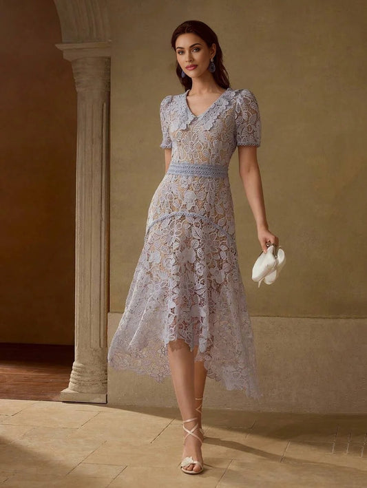 PREMIUM GUIPURE LACE ASYMMETRICAL HEM DRESS