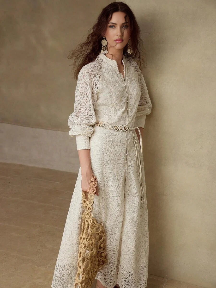 PREMIUM GUIPURE LACE BELTED DRESS