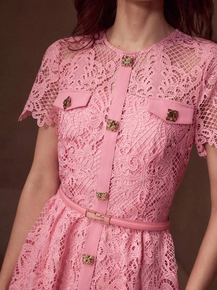 PREMIUM GUIPURE LACE BELTED DRESS