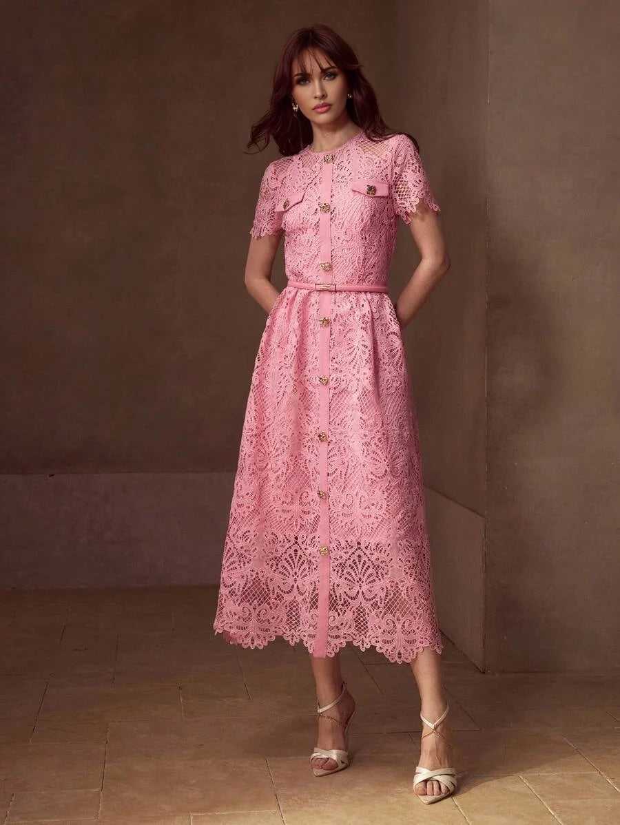 PREMIUM GUIPURE LACE BELTED DRESS