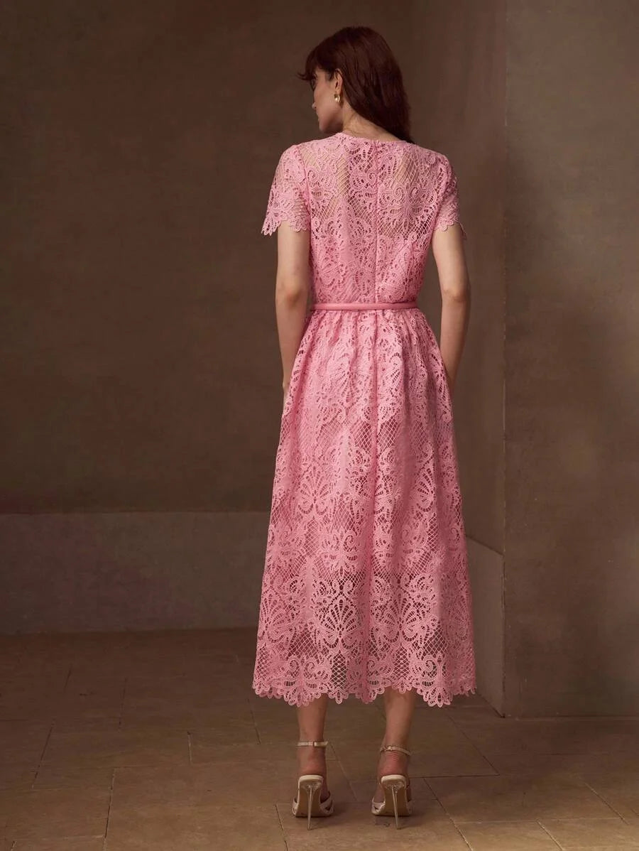 PREMIUM GUIPURE LACE BELTED DRESS