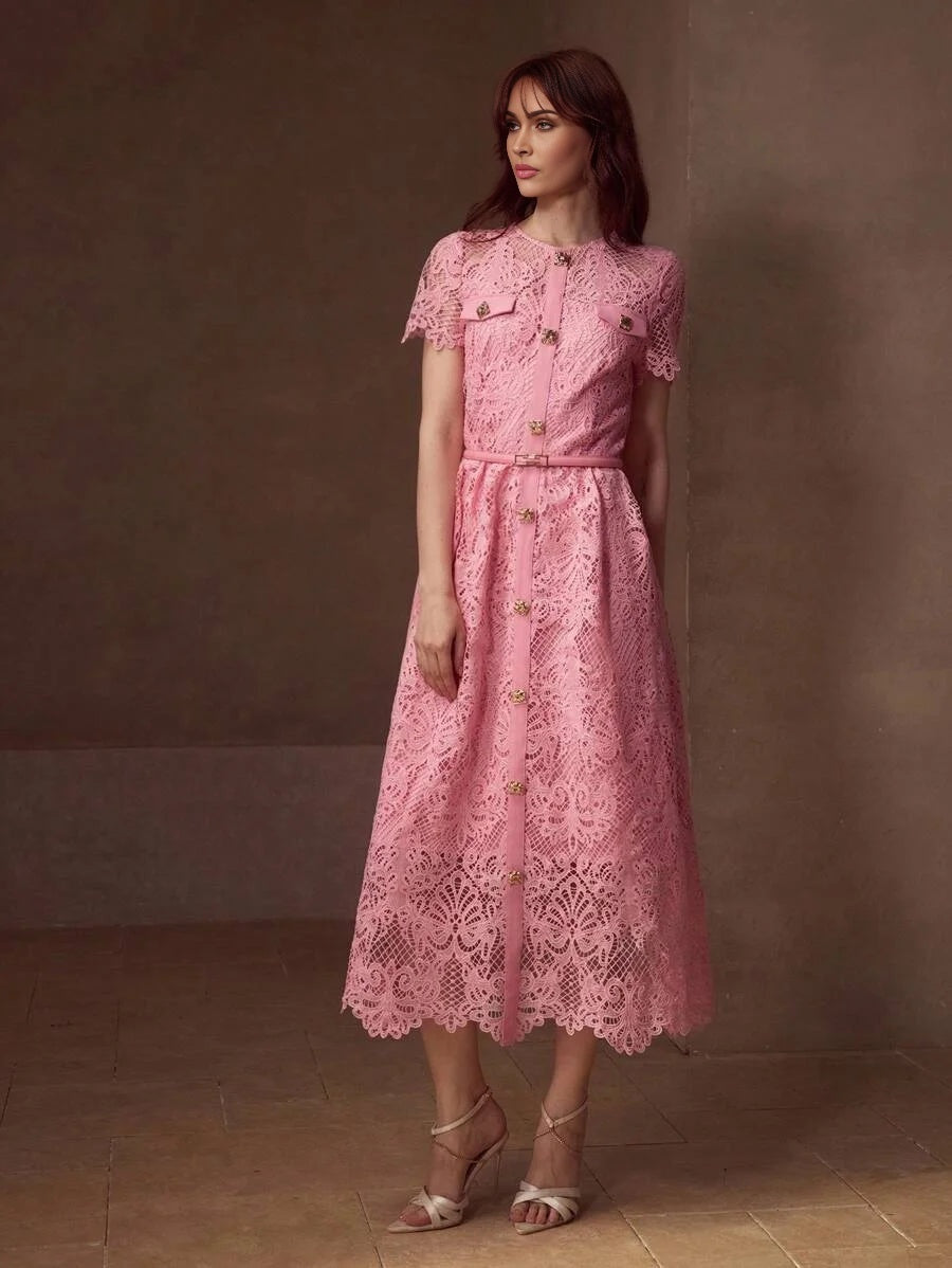 PREMIUM GUIPURE LACE BELTED DRESS
