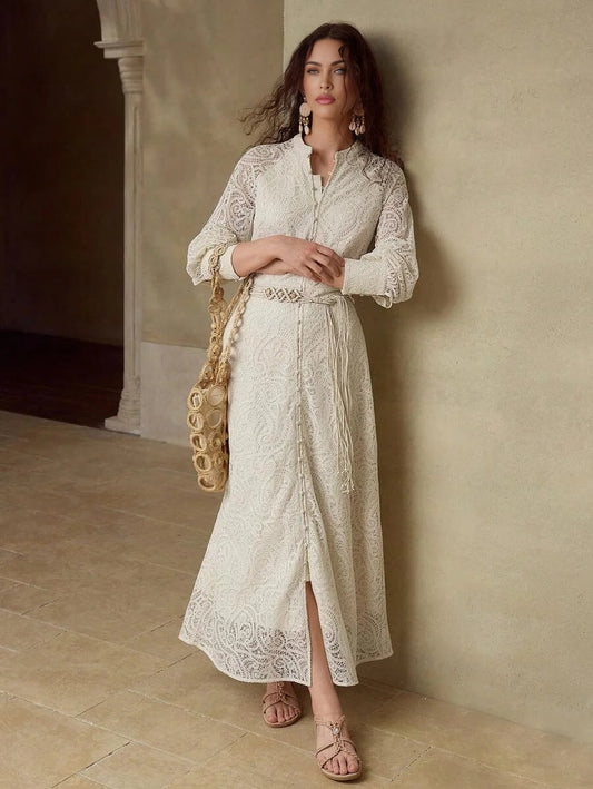 PREMIUM GUIPURE LACE BELTED DRESS