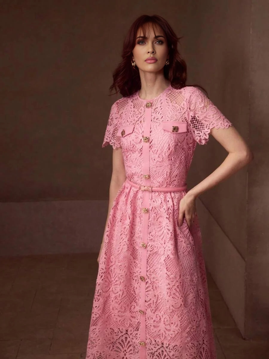 PREMIUM GUIPURE LACE BELTED DRESS