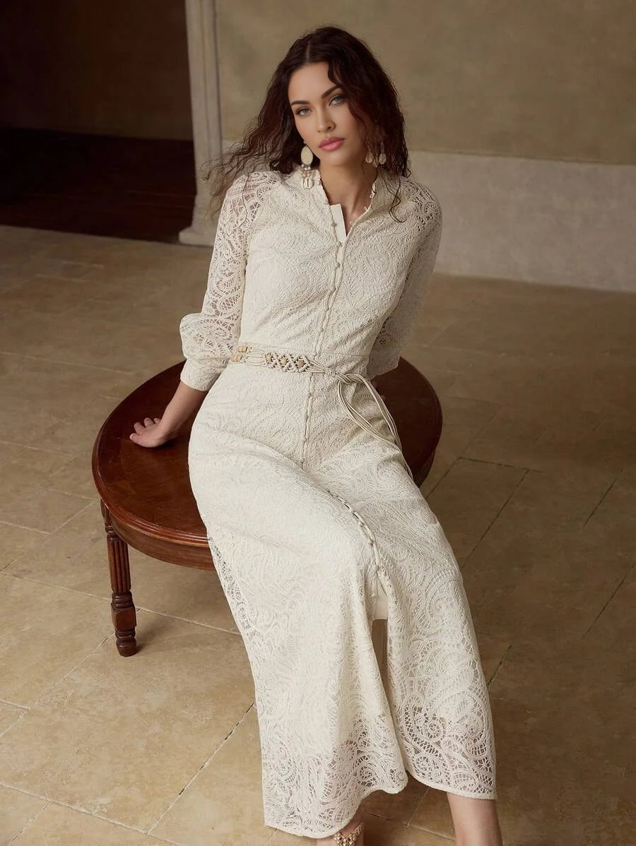 PREMIUM GUIPURE LACE BELTED DRESS