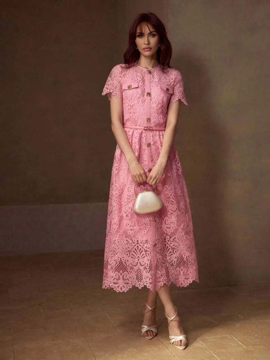 PREMIUM GUIPURE LACE BELTED DRESS