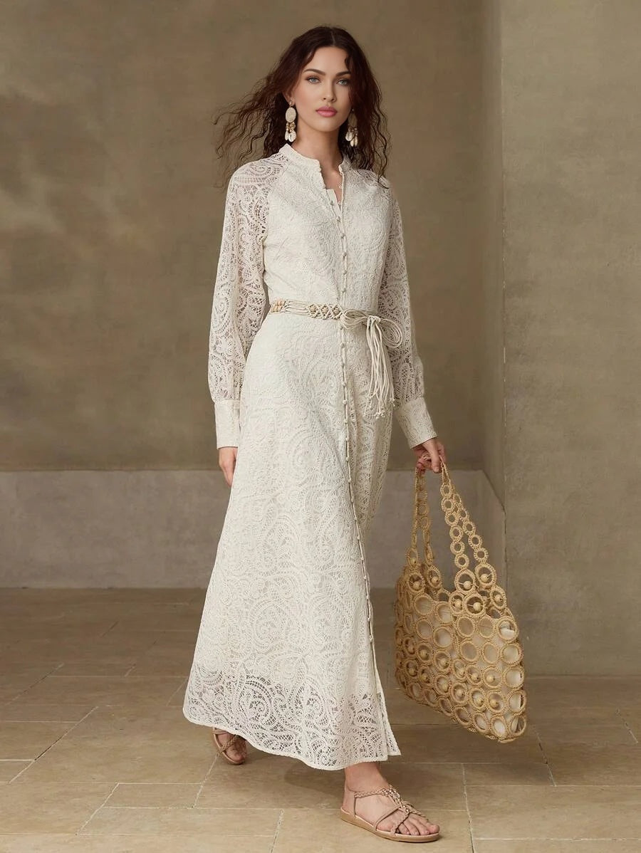 PREMIUM GUIPURE LACE BELTED DRESS