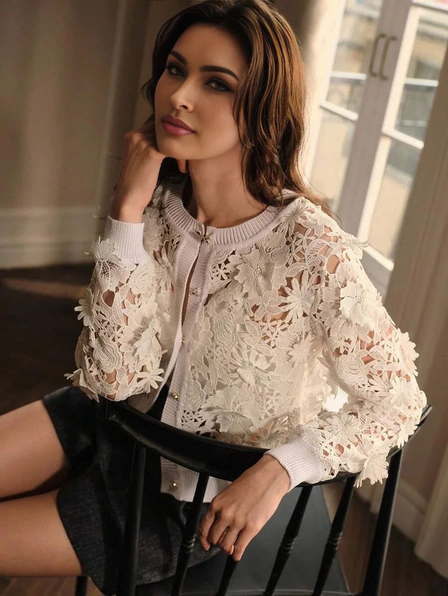 PREMIUM GUIPURE LACE BUTTON UP CARDIGAN
