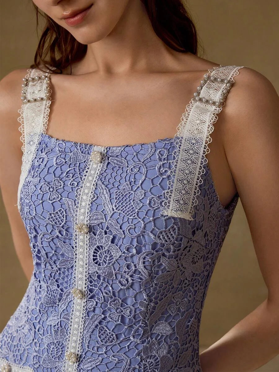 PREMIUM GUIPURE LACE FAUX PEARL TRIM DRESS