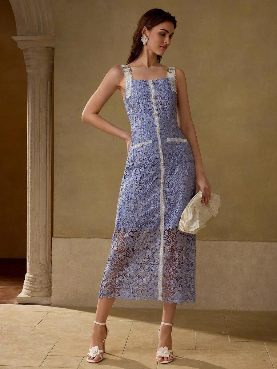 PREMIUM GUIPURE LACE FAUX PEARL TRIM DRESS