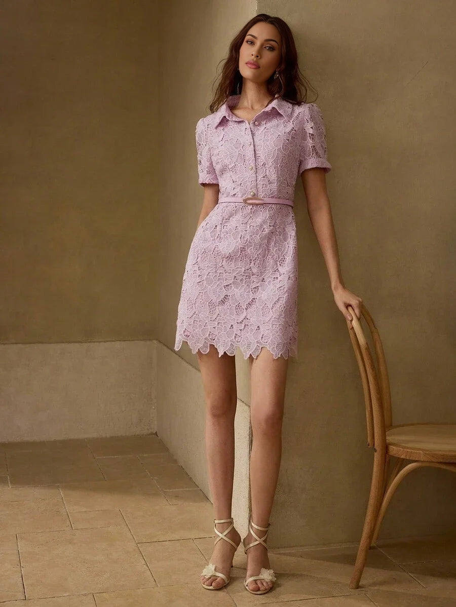 PREMIUM GUIPURE LACE OVERLAY PUFF SLEEVE BELTED SHORT SHIRT DRESS
