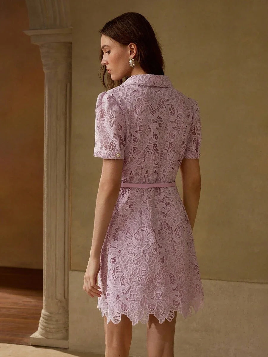 PREMIUM GUIPURE LACE OVERLAY PUFF SLEEVE BELTED SHORT SHIRT DRESS