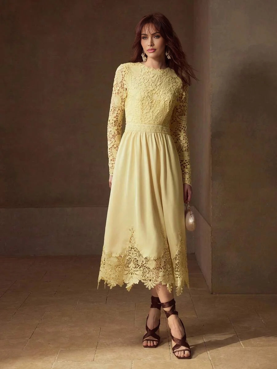 PREMIUM GUIPURE LACE PANEL ZIPPER BACK FLARE HEM DRESS