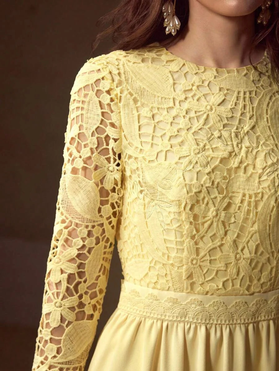 PREMIUM GUIPURE LACE PANEL ZIPPER BACK FLARE HEM DRESS