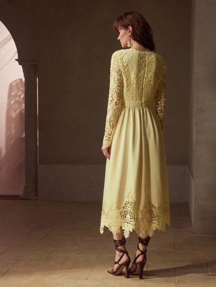 PREMIUM GUIPURE LACE PANEL ZIPPER BACK FLARE HEM DRESS