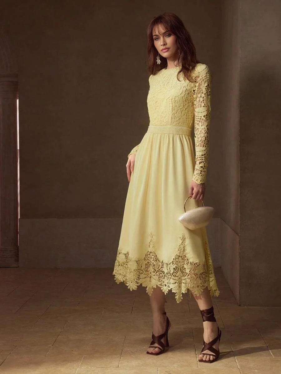 PREMIUM GUIPURE LACE PANEL ZIPPER BACK FLARE HEM DRESS