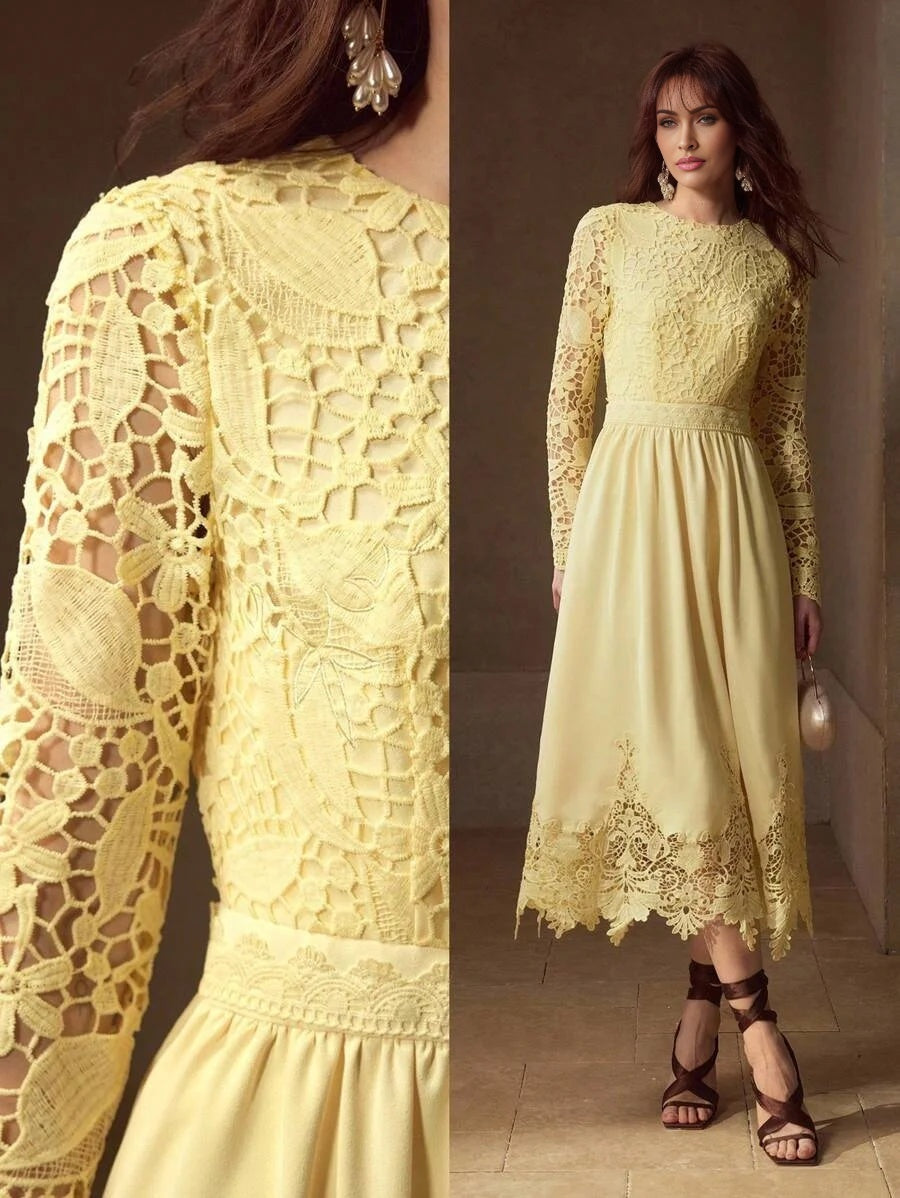 PREMIUM GUIPURE LACE PANEL ZIPPER BACK FLARE HEM DRESS