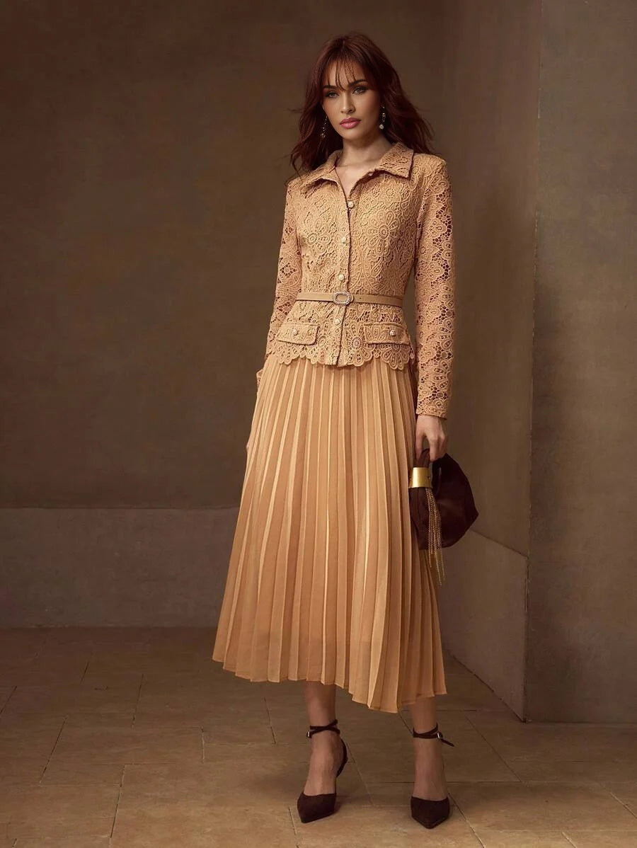 PREMIUM GUIPURE LACE PLEATED DRESS