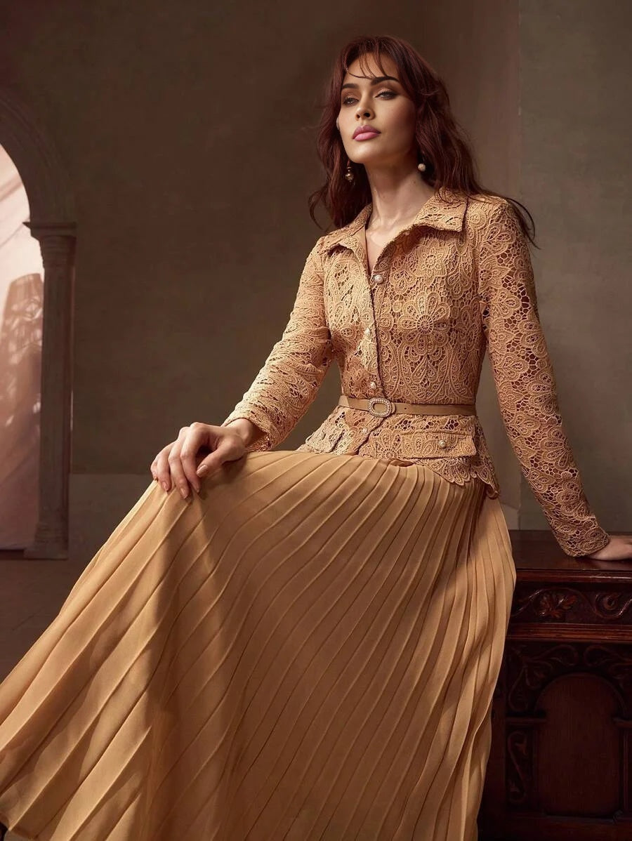 PREMIUM GUIPURE LACE PLEATED DRESS