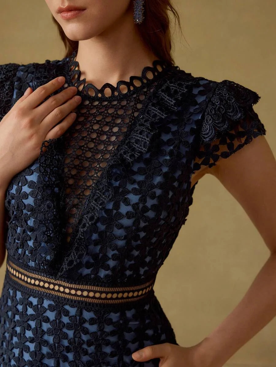 PREMIUM GUIPURE LACE RUFFLE HEM MIDI DRESS