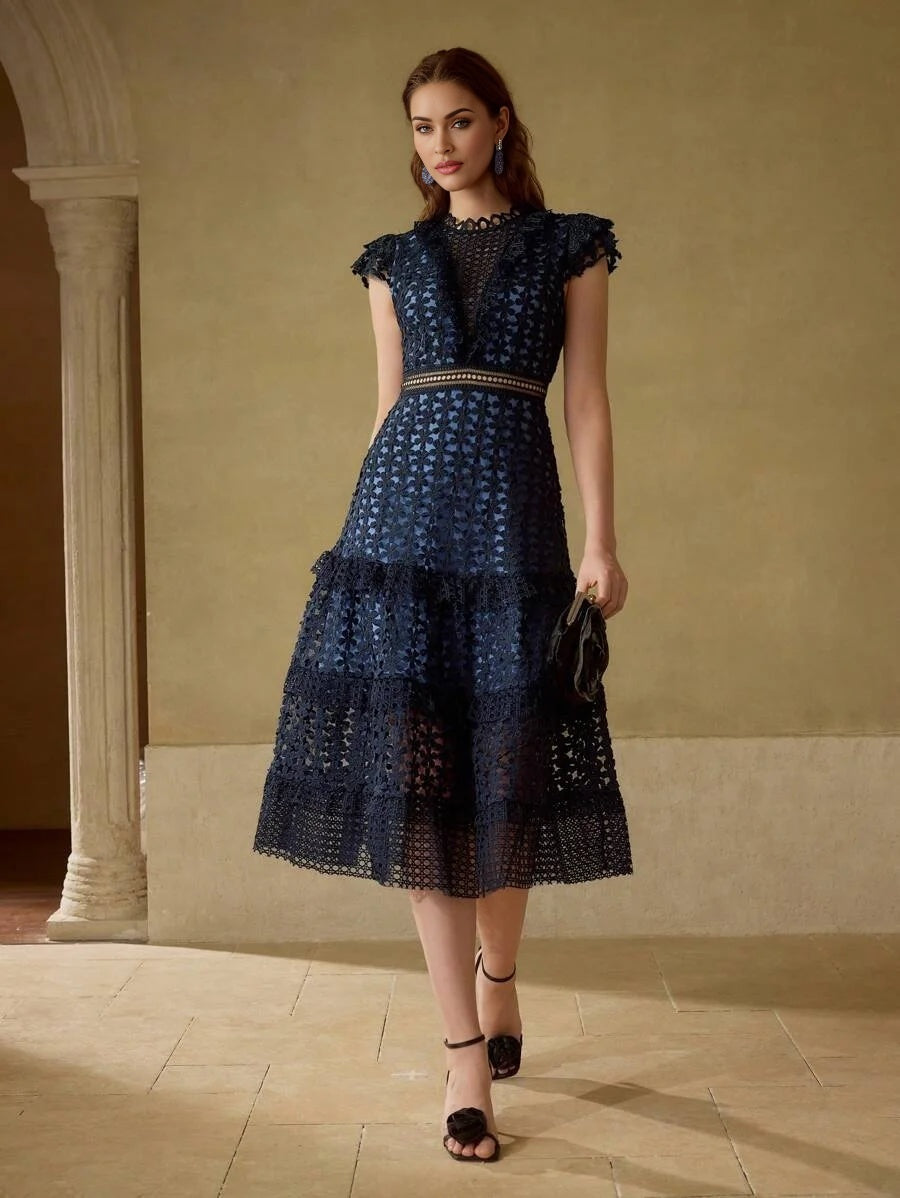 PREMIUM GUIPURE LACE RUFFLE HEM MIDI DRESS