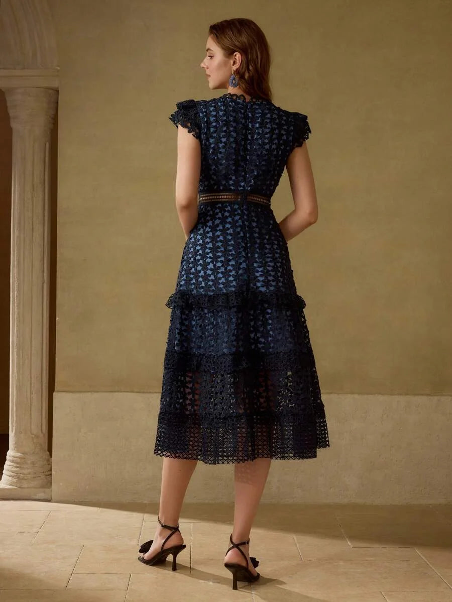 PREMIUM GUIPURE LACE RUFFLE HEM MIDI DRESS