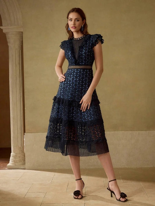 PREMIUM GUIPURE LACE RUFFLE HEM MIDI DRESS