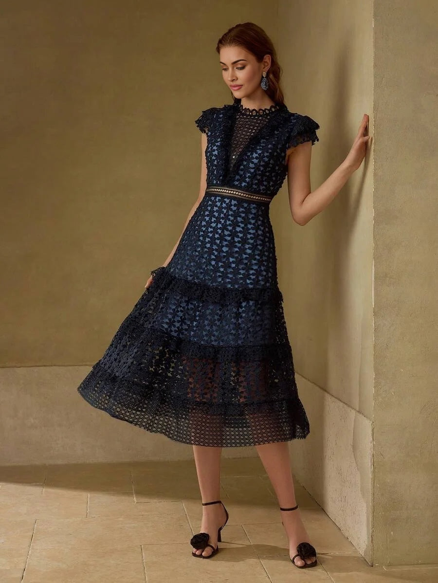 PREMIUM GUIPURE LACE RUFFLE HEM MIDI DRESS
