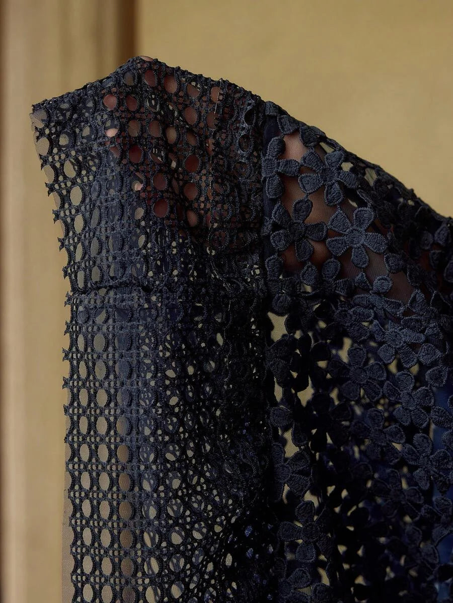 PREMIUM GUIPURE LACE RUFFLE HEM MIDI DRESS