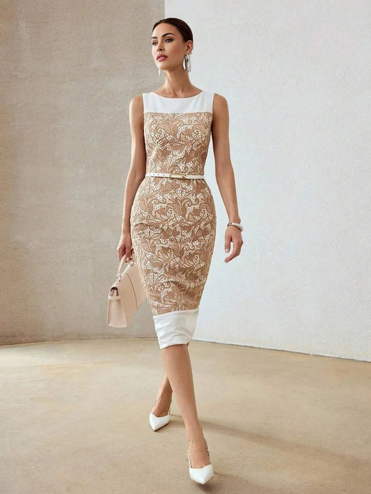 PREMIUM GUIPURE LACE ZIPPER BACK SPLIT HEM SLIM FIT DRESS WITHOUT BELT